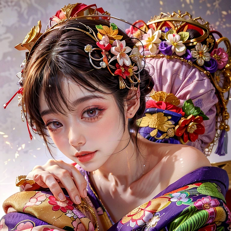 (PUNIPUNI clavicle KIMONO ((offshoulder)) KANZASHI FlowerHairpins Topknot TwinBun Oiran-Hair)High-level, 8K Masterpiece TopQuality, Ultra-detailed CG, Absurd detailed wallpaper, PerfectLighting, Extremely detailed (((Personifying " OIRAN " as a KAWAII Girl))), Characteristic Items, aesthetic LifeLike Rendering, MysticSight, Haze Tyndall Scattering, (Studio GRAY Background with (Oodles Dazzling Iridescent 🌈Particles (BokeH))), (((Assfocus)) RoundlyButt) ThighGap, (Exposed:0.44) 🔞 BREAK (Acutance:0.8), (NOGIZAKA FaceVariations) Extremely Detailed very KAWAII FaceVariations, Childish CaptivatingGaze ElaboratePupils ParfectEyes with (SparklingHighlights:1.28), (Voluminous LongEyelashes:0.88), 💄💋✨ GlossyRedLips with BeautifulDetails, CoquettishTongue, PUNIPUNI RosyCheeks, Radiant PearlSkin with Transparency, Glowing DowneyHair . { (Dynamic LifeLike expressions:1.4) | (:d) }, (large eyes:-1) .