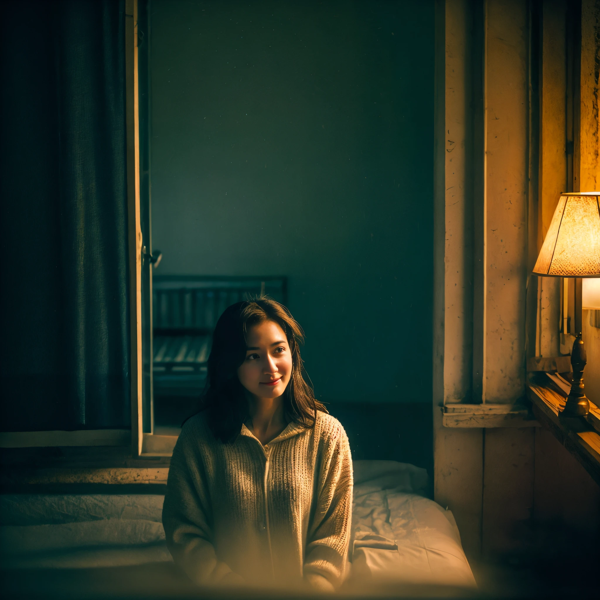 "A lonely woman sits alone in her darkened room, with raindrops tapping on the window. The scene is melancholic, reflecting her deep sense of isolation and introspection. soft, dim lighting casts shadows that accentuate her solitude.

Transition to her out with friends, where she forces a smile amidst a lively setting, yet her eyes reveal a lingering sadness. A kind stranger approaches, offering a genuine smile and a comforting presence, symbolizing a glimmer of hope.

In another scene, she lies in bed, staring at the ceiling, lost in thought and emotion. The room is dimly lit, reflecting her heavy heart and inner turmoil.

Finally, depict her walking through a bustling town during the day, where she starts to notice the smiles and laughter around her. A subtle light begins to shine on her face, symbolizing a fragile spark of hope and a sense of connection. The overall tone of the image transitions from dark and lonely to warm and hopeful, indicating her emotional journey from despair to finding light."。 High resolution, masterpiece, Highest quality, Intricate details, Very detailed, Clear focus, Delicate skin, practical skin texture, texture, Delicate eyes, Professional, 4K, Shot with Canon, 85mm, Shallow and deep,  Kodak Vision Color, Exactly, Very detailed, photograph_\(Extremist\), photographpractical, practical, Post-processing, Maximum details, Roughness, Real Life, Extremist practical, Photorealism, photographgraphy, 8K Ultra HD, photographgraphy