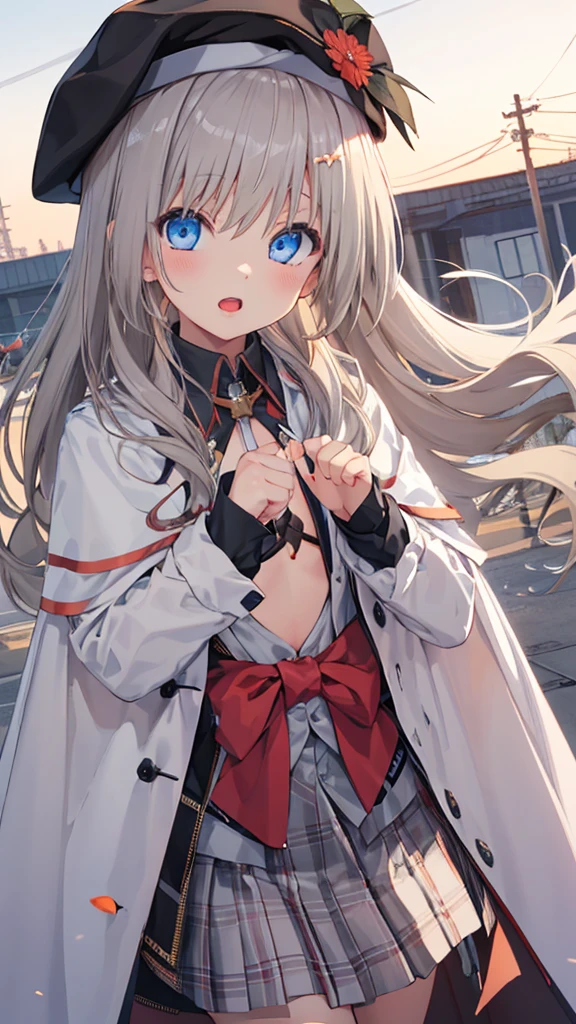 1girl,chibi,kud, kud hat,white beret, kud cape,gray skirt,flat chest,skinny,amile,open mouth,masterpiece,Noise Reduction,perfect anatomy,high resolution, ultra-detailed,game cg,dutch angle ,beautiful detailed eyes,visualart,five fingers, perfect hands, perfect lighting,