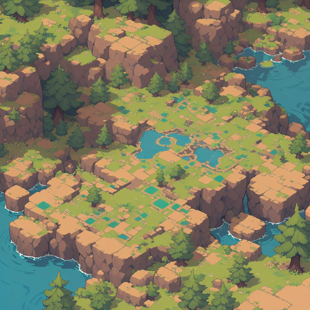 retro video game style,pixelated, vibrant pastel colors,8-bit characters,blocky shapes,sharp lines,detailed shading,classic gaming vibe,nostalgic atmosphere,classic arcade games,masterpiece:1.2,ultra-detailed,illustration style, 2d texture, stone texture, 4 k seamless mud texture, video game texture, dirt texture, tileset, game tiles, grass, trees, rock texture, detailed trees, topdown view, game texture, game art, tileable texture, very detailed cliff texture, intricate stones, top down view, 3/4th perspective