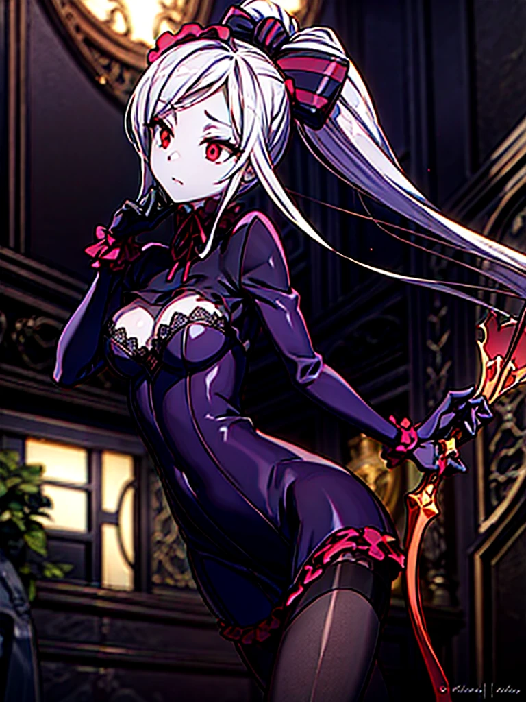 Shalltear Bloodfallen, the royal beauty, stands poised in the shadows of a medieval city's cobblestone streets, her silver hair styled in a ponytail, framing her luminous features. Her bright red eyes gleam like rubies amidst the dark canvas, as she dons an evening dress of black silk and lace, its gothic skirt fluttering in the faint breeze. A ribbon adorned with intricate lace wraps around her torso, securing a medium-short jacket that accentuates her curves. Long lace gloves cover her arms, leaving little to the imagination, while her generous D-cup breasts seem to defy gravity beneath the flowing fabric. The bloody moon casts a crimson glow over the scene, casting long shadows and bathing Shalltear in an otherworldly light.