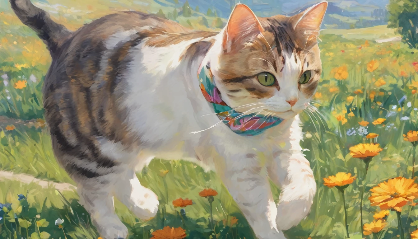 By Alaina Remar、A painting of a cat wearing a small silk scarf. The cat is walking and looks happy. It's a summer morning and the weather is sunny. In the background there is a field with beautiful flowers.. Cat-focused movies, Dynamic pose, Dynamic Background, Dynamic configuration, Dynamic Lighting, Realistic proportions, High resolution, Ray Tracing, Very detailed, Super detailed, Intricate details, Very detailed雰囲気, Very detailedテクスチャ.