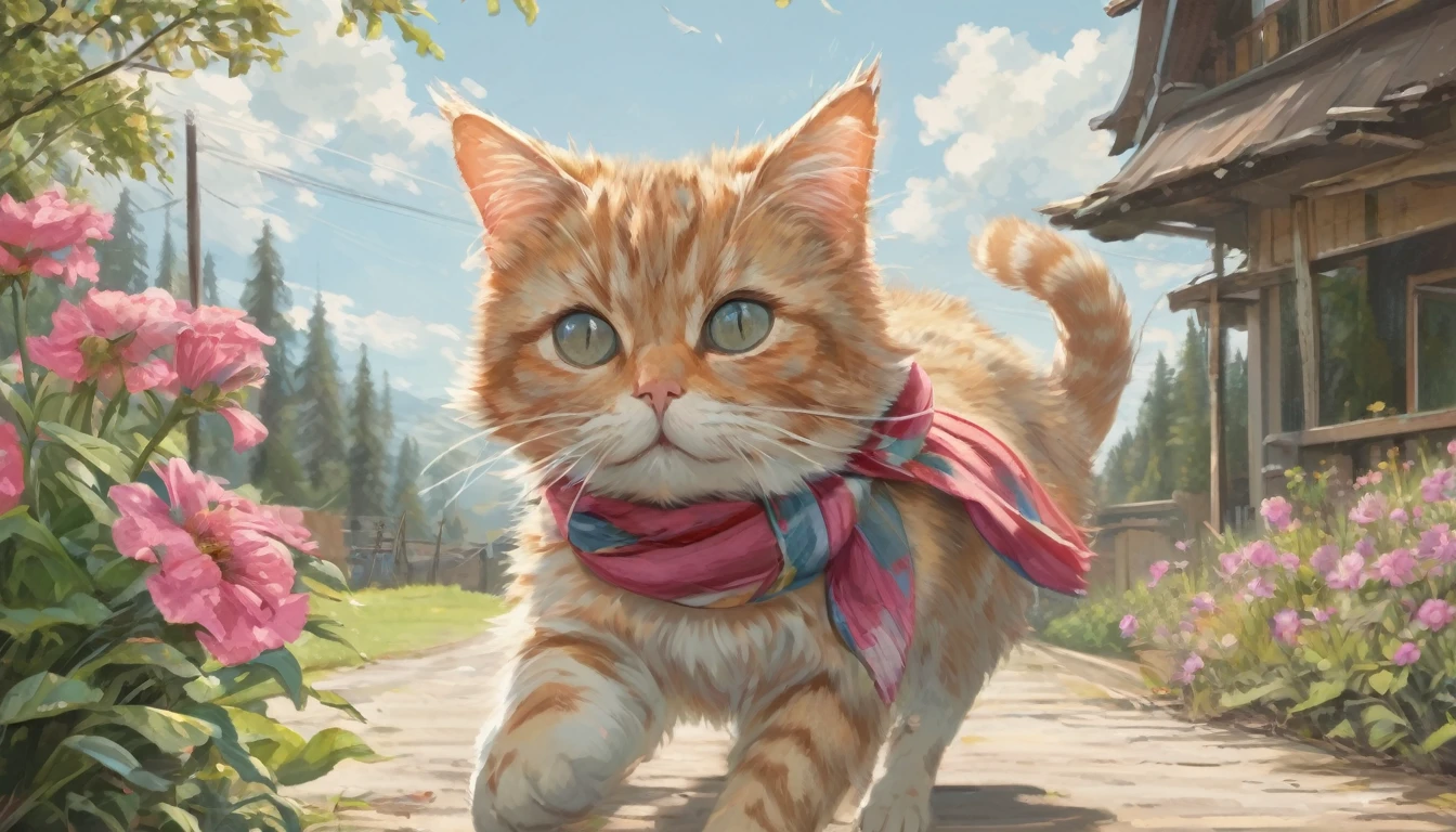 By Alaina Remar、A painting of a cat wearing a small silk scarf. The cat is walking and looks happy. It's a summer morning and the weather is sunny. In the background there is a field with beautiful flowers.. Cat-focused movies, Dynamic pose, Dynamic Background, Dynamic configuration, Dynamic Lighting, Realistic proportions, High resolution, Ray Tracing, Very detailed, Super detailed, Intricate details, Very detailed雰囲気, Very detailedテクスチャ.