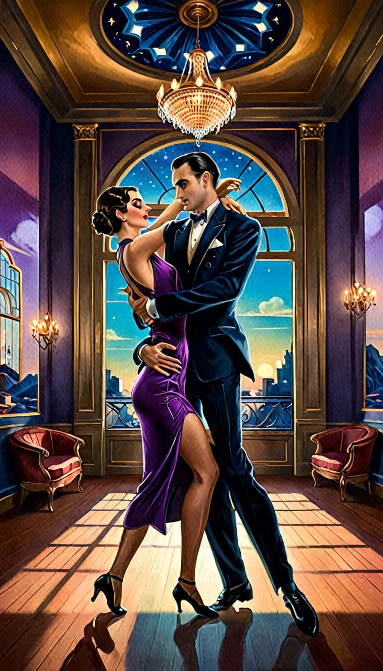 a man and woman dancing tango, art deco ballroom, warm color palette, 1920s, 1 man 1 woman, sexy tango dance pose, ballroom dancers, ornate art deco interior, detailed architectural features, chandelier, (best quality,4k,8k,highres,masterpiece:1.2),ultra-detailed,(realistic,photorealistic,photo-realistic:1.37), natural lighting, natural shadows, Outside the window is a balcony. a narrow french window with an arched top leads out to the balcony, man facing forward, woman facing away from viewer, dancing the tango, woman is wearing a purple dress with slit, she has her right leg out to the side, (exposing her thigh:1.5), Outside is dark, small stars are shining in (the dark blue sky:1.3), (dimly lit room:1.2), and shadows are cast on the eye sockets, making it impossible to read their expressions, detailed facial