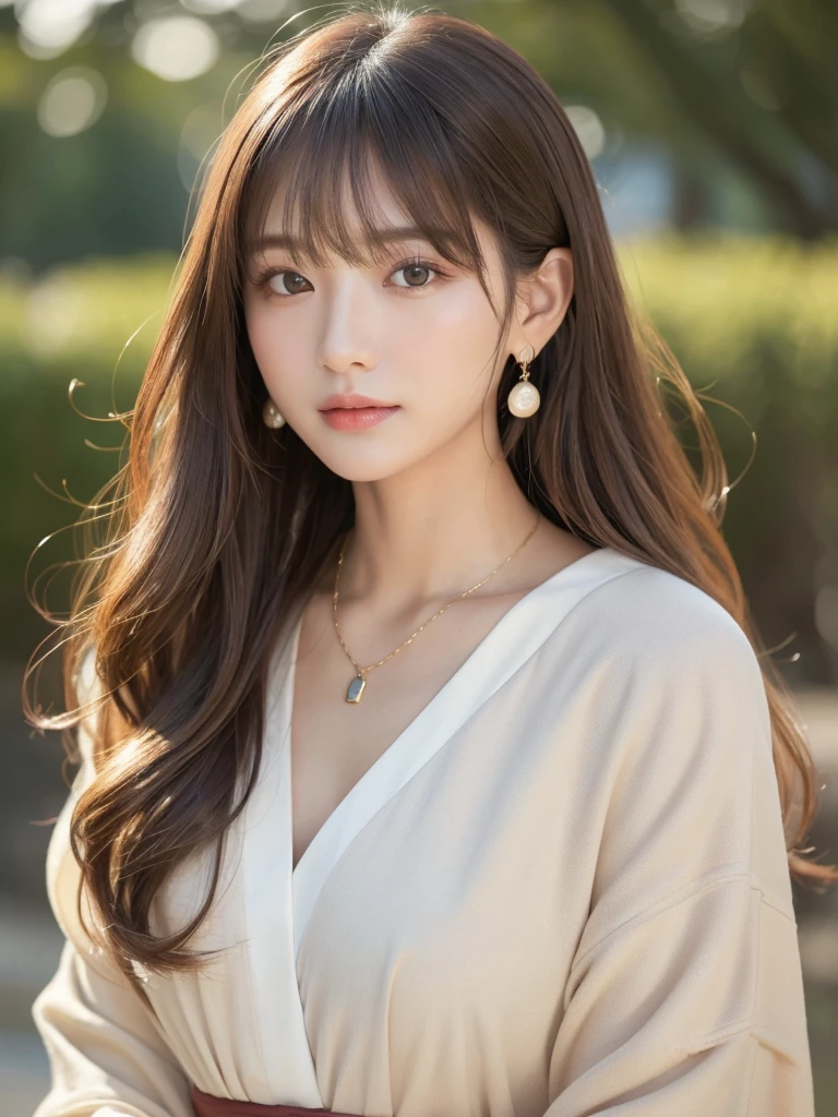 ((Highest quality, 8K, masterpiece:1.3)), concentrate: 1.2, Perfect body beauty: 1.4, Hips: 1.2, ((Long Hair, chest: 1.2)), (Dry clothes: 1.1) , (clear, Simple Background:1.3), Simple clothes: 1.1, Highly detailed face and skin texture,Delicate eyes, double eyelid, Whitened skin, Rough skin、Long Hair、Earrings with bangs、necklace、 solo、Beige coat、White shirt, (((Beautiful girl with cute Japan)))、 ((Beautiful Japanese girl 20 years old))、 ((Baby Face))、 (((Slender body)))、 Upper Body,Face focus、necklace,Simple Background,From above, Realistic Hair、 A photograph was taken:Canon EOS R6、135mm、1/1250 seconds、f2.8、ISO400、(Detailed explanation of the hand)、(Masseter muscle area)、(Exquisite CG)、Long Hair, loose and curly hair、Korean Hair、Long Hair明るいベージュ色、グラデーションハイライトグレージュのゆるふわLong Hairスタイル、