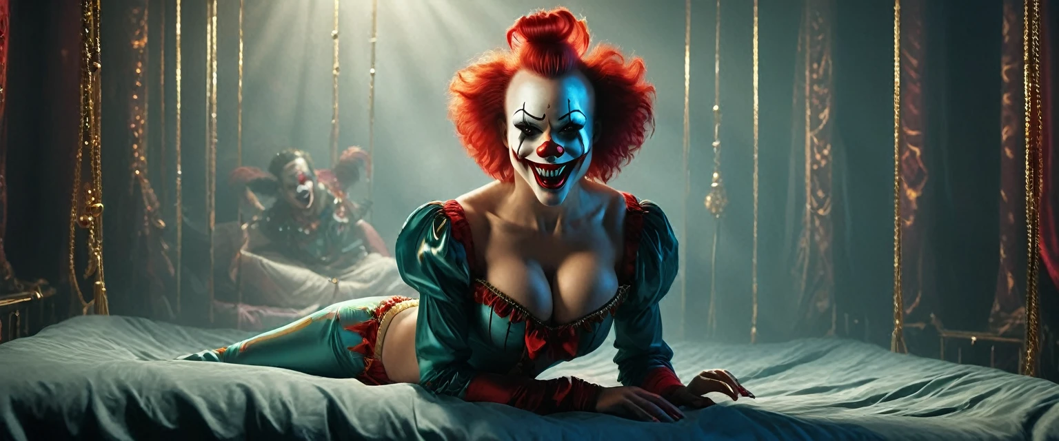 (masterpiece, 8K, UHD, RAW), a sexy girl kissing a evil clown in bed, (((a beautiful young woman riding on top of one huge horrific circus clown with a red nose))), (she rides the male Clown with lustful femininity), her beautiful body is covered by a sheer translucent white tunic with Art Nouveau embroidery, big sexy perky breasts, her pristine delicate features contrasts with the horrendous menacing fangs of the corrupted male clown, full body vibrant illustrations, intricately sculpted, realistic hyper-detailed portraits, queencore, depicts real life, the scene happens in a luxurious Art Nouveau boudoir with studio illumination, red and teal silk satin, Sexy smile,