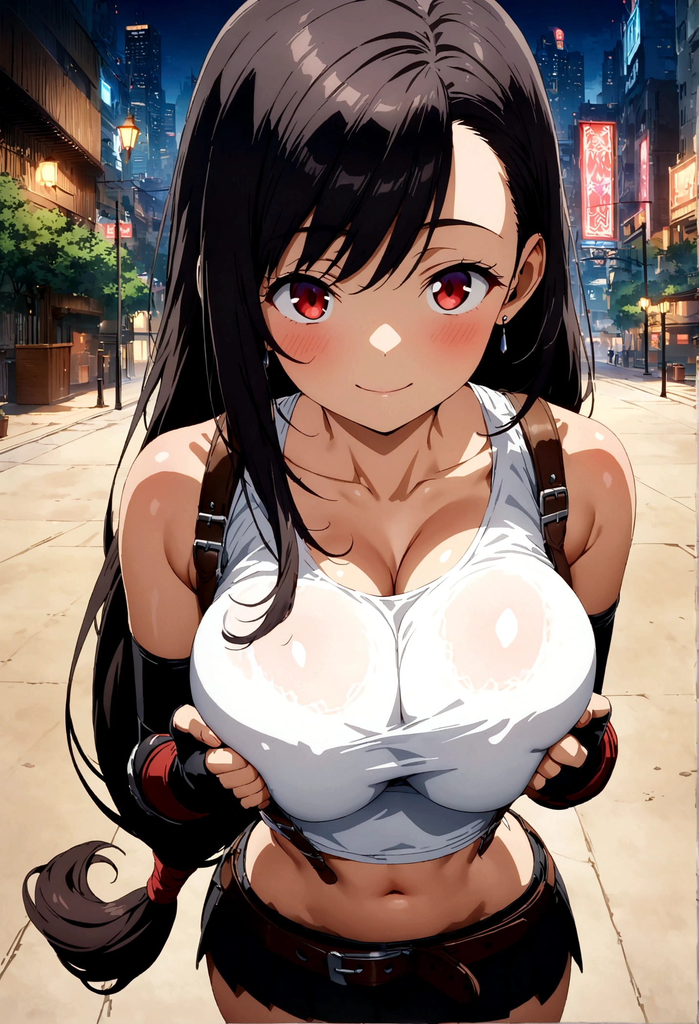 score_9, score_8_up, score_7_up,4k, ,BREAK , from front,from above,breast focus:1.3,standing,straight-on,(,breast suppress),(breasts squeezed together,),,(upperbody:1.3),looking_at_viewer ,1girl, tifa lockhart, final fantasy, tareme,black hair, low-tied long hair, red eyes, bangs, white tank top, belt, pleated skirt, thighhighs, elbow fingerless gloves, elbow pads, midriff, navel,suspender skirt ,large_breasts,(light smile),Curvy waist ,Solo,,(midnight and beachside and city),Toned,,detailed skin,(best quality),(aesthetic,very aesthetic),masterpiece, highres,4k,(ultra-detailed:1.4) (illustration:0.4), (ray tracing,:0.7),(anime colored:0.7),(ai-generated:0.5), (anime screencap:0.8),megami magazine,