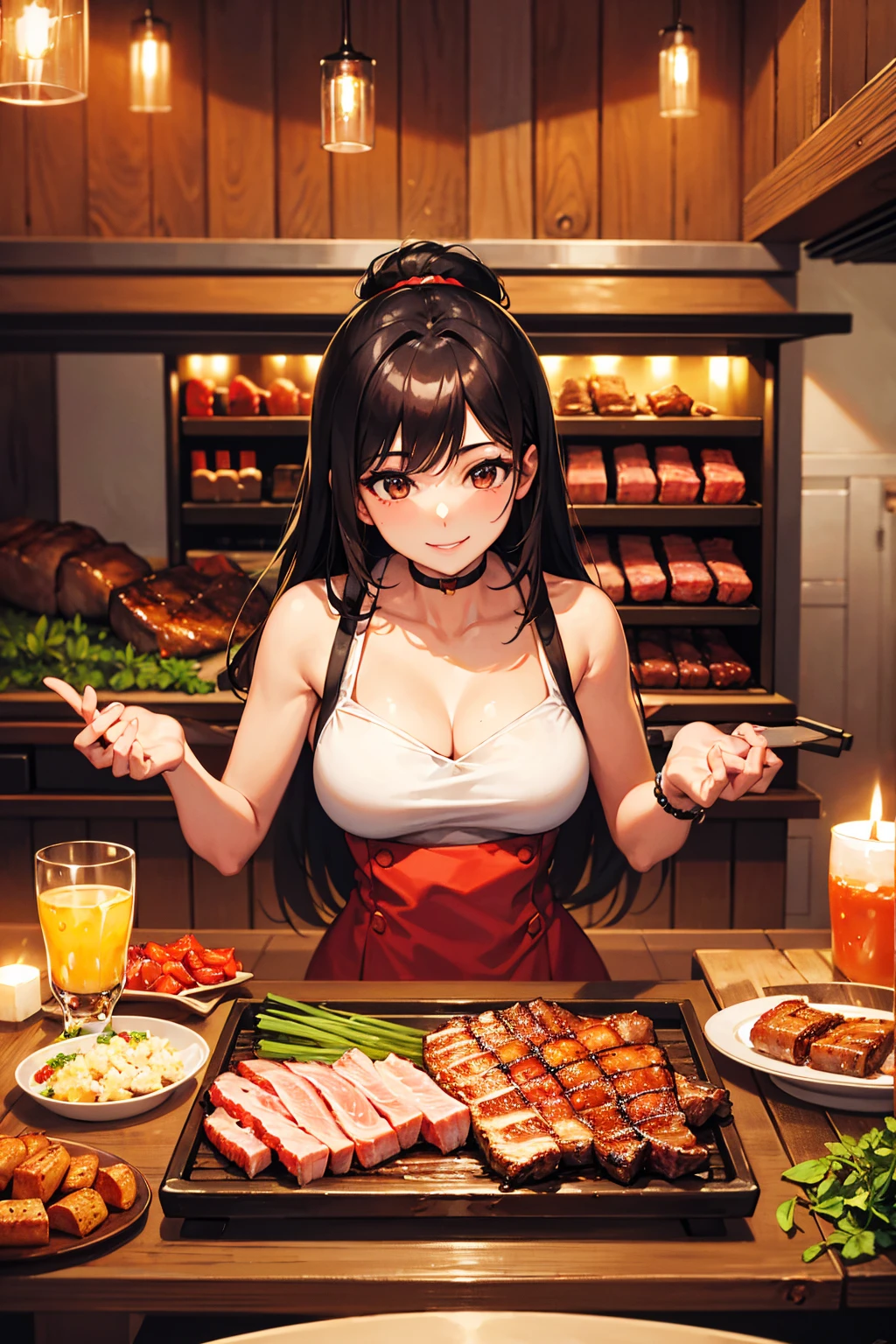 Photorealistic、Highest quality、Highest Resolution、Highest quality、8K、1人のBeautiful woman、Beautiful woman、Beautiful woman、looks fun、smile、Smile、Grilled meat、BBQ、Grilling meat、eating meat、Grilled meat、looks delicious、