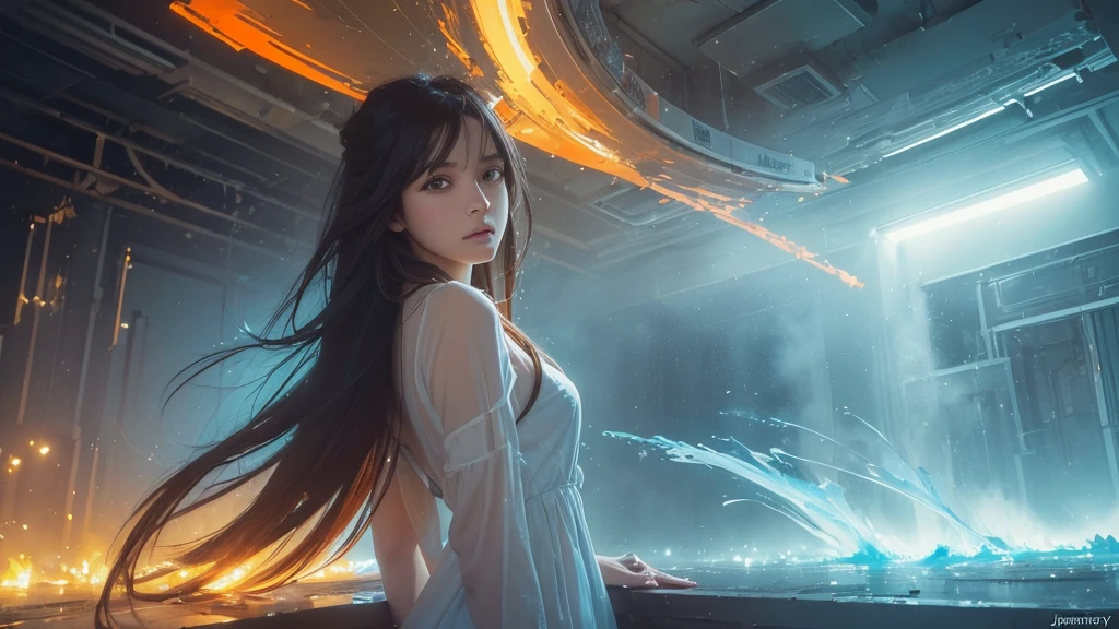 32k, Masterpiece, Highest quality, One girl, Detailed eyes, flower,gladiolus, Light blue and orange style,A dreamy, romantic piece,Pale yellow, Mysterious Leaves,A playful arrangement,Fantasy,High Contrast,Ink strokes,explosion,Exposure, Impression of light blue and orange tones,Abstract,((Watercolours by John Berkey and Jeremy Mann )) Brush strokes,Negative Space, Tyndall effect,