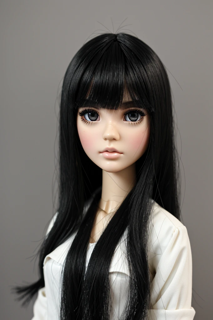 Single Blythdoll with full black eyes and black eyebrows, has eyeliner, the hair is color black and layered cut and has thin bangs, fair white skin color, wears black tube, close up look.