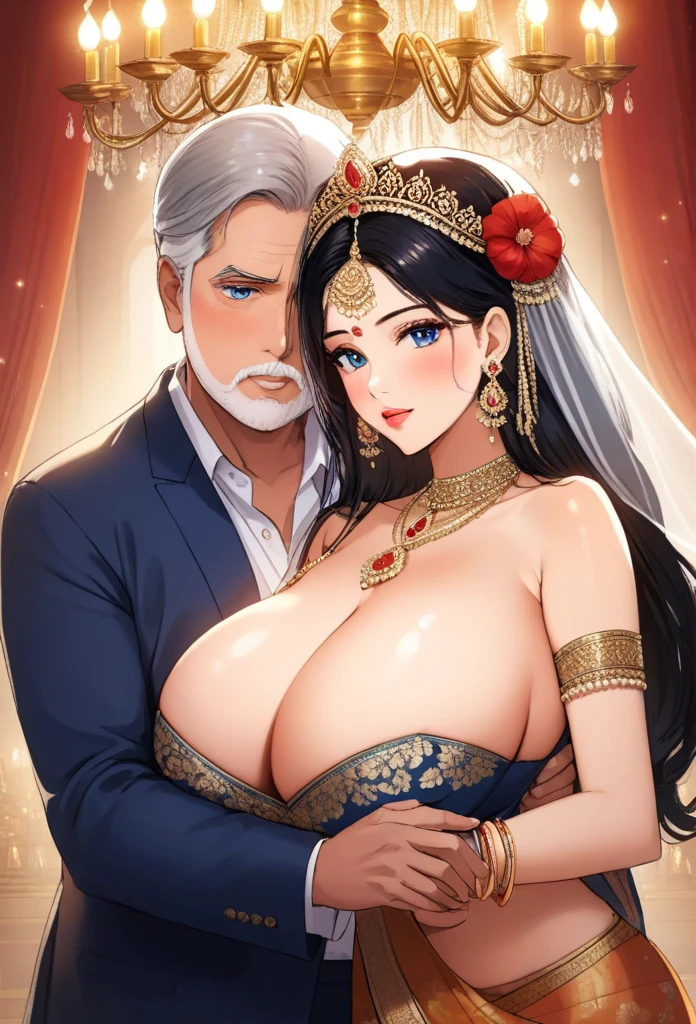 Hot sexy beautiful one  princess  with hugging ugly fat old man,   long sparkling chandelier earrings,big breasts, ,black hair ,blush,blue eyes,red lipstick, chandelier jewelry,makeup, ornament, chandelier necklace,waist chain, rings,bangles,hair flower brochure,hair pins,hair chain, royal palaces and grand architecture, Traditional Indian sari, elegant draping style, intricate floral motifs, handwoven silk material, embellished with sequins and beads, sparkling gemstones and gold accents, artistic rendering of Indian culture, traditional jewelry and accessories, indian traditional wedding saree, crown , cleavage 
