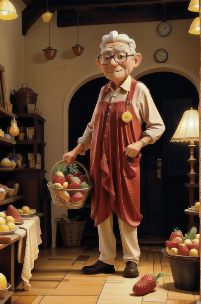 Elderly man preparing a strawberry and lemon cake in his pretty bakery 