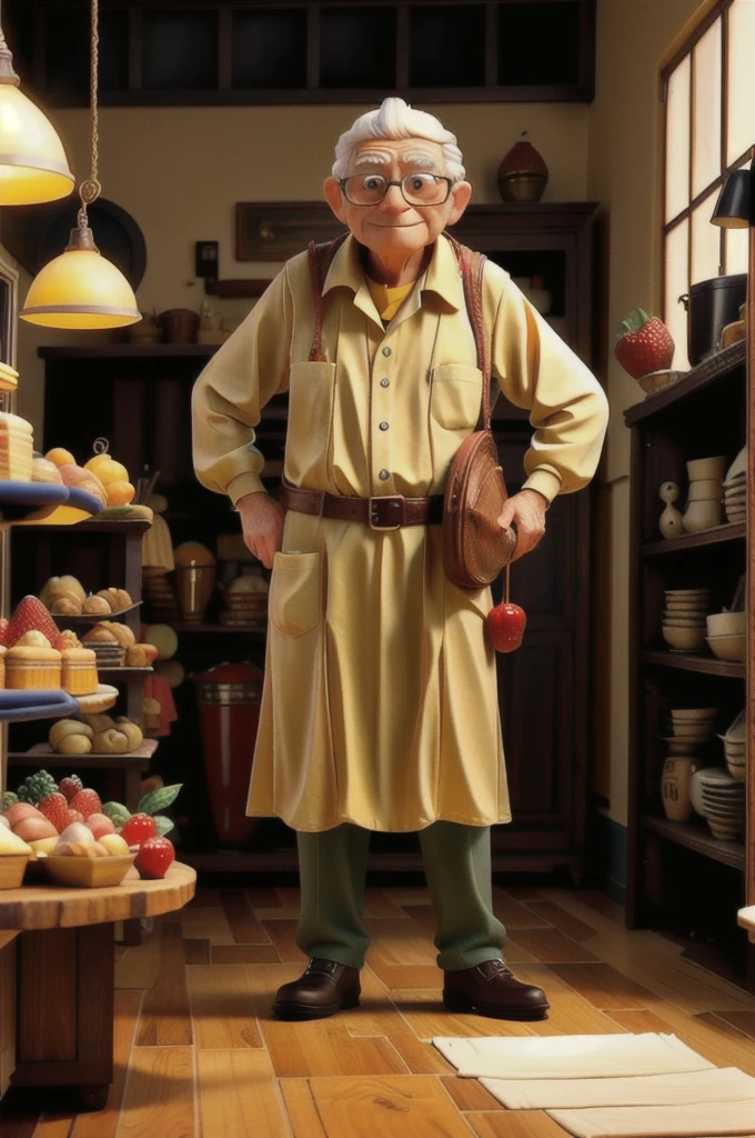 Elderly man preparing a strawberry and lemon cake in his pretty bakery