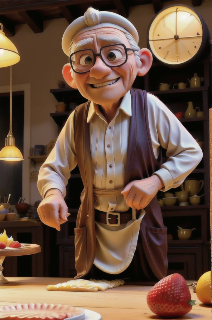 Elderly man preparing a strawberry and lemon cake in his pretty bakery 