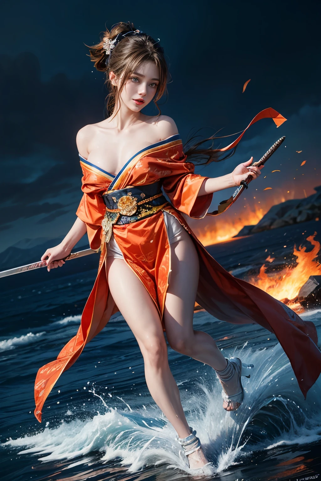 (RAW shooting, Photoreal:1.5, 8K, highest quality, masterpiece, ultra high resolution), Sengoku, Fire, Wars flaring up everywhere:1.3, perfect dynamic composition:1.2, Highly detailed skin and facial textures:1.2, Slim female samurai with a sharp Japanese sword:1.3, Fight:1.2, beautiful and aesthetic, cute and sexy beauty, perfect style:1.2, wear elaborate rings, fire, water, wind, Thunder, ice, Fair skin, very beautiful face, (Medium chest, Chest gap), (embarrassing smile, The expression on your face when you feel intense caress, Facial expression when feeling pleasure), (Wearing a sexy Sengoku uniform:1.1, off shoulder), (beautiful blue eyes, Eyes that feel beautiful eros:0.8), (Too erotic:0.9, Bewitching:0.9), full body shot,Small breasts,Flat Chest,Small hips,Are thin,Slim figure,