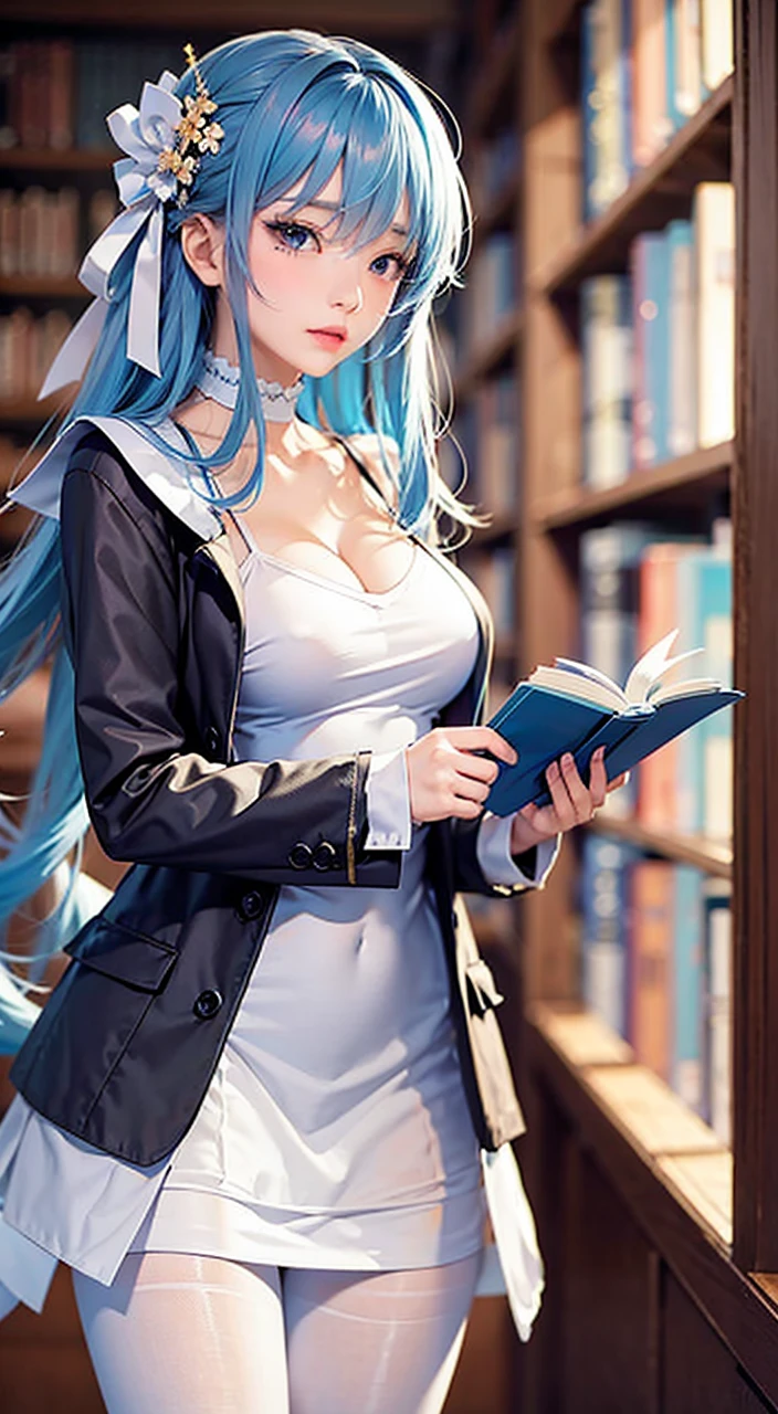 Anime girl reading in library in black dress
