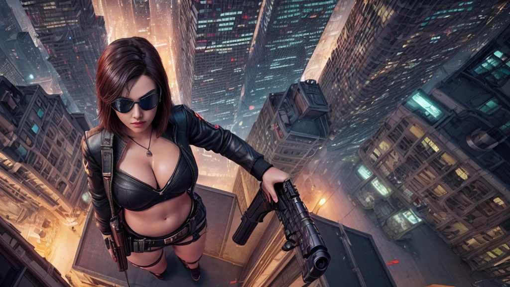 (((at night))), FPS gaming screen view, rooftop, (((high angle view))) of cyberpunk city, unreal engine 5 rendering, (((1Girl, solo))), large breasts, Chest exposed, breast cleavage, wide open ass, slim waist, dynamic seductive pose, ((masterpiece:1.2)), top-quality, official art, detailed CG Unity 8K Wallpapers, artbook, Expressive Hues, Vibrant Palette, B deficiency and white clothes, (((matrix style black micro sunglasses))), (((((aiming with a short gun))))), (((looking at camera))), (((very low view))), (((thigh level medium:0.9 shot))).