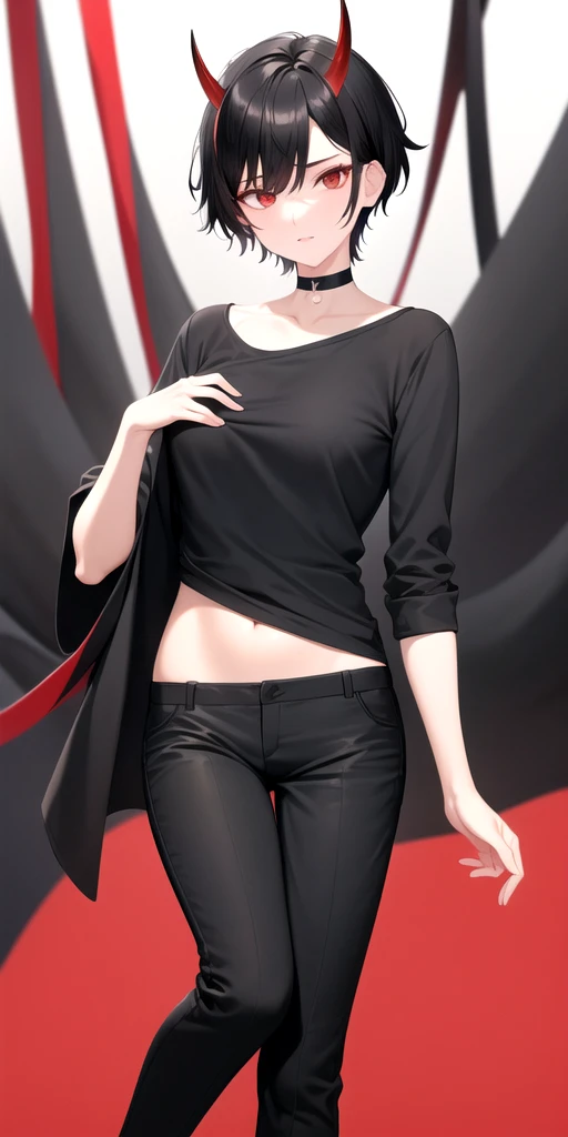 short black hair,  black and white shirt, black pantaloon, Red eyes, horns, dark background 