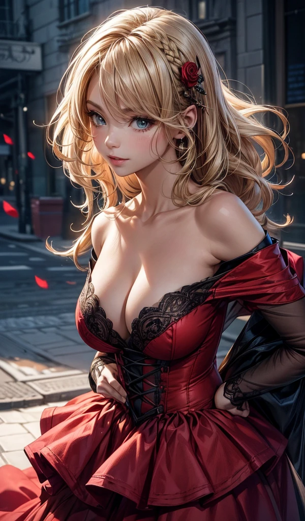 Please follow all prompts below exactly and faithfully. This is a breathtaking masterpiece of digital illustration, with maximum resolution, UHD, 512K, 2160p, 10 million ppi, 300 million dpi, natural color tones, ultra sharp details, perfect outlines with contrast, ((most realistic skin and hair textures:1.5)), most beautiful detailed eye features, perfect anatomically correct human body, beautiful background with depth, rule of thirds, depth of field, Maximize all element is used to its full potential to create the best digital illustrations,
BREAK 1woman, sexy:1.5, beautiful face sharp, elegant woman, perfect body style, slender, beautiful big breasts, green eyes, blonde hair, hair over one eye, long hair, glossy very thick lips:0.7, pink lipstick:0.7, smile,
BREAK Bright red flamenco dancer costume, off-shoulder:1.5, rose hair accessory, wide open cleavage, red high heels, long skirt with large frills: 1.5,