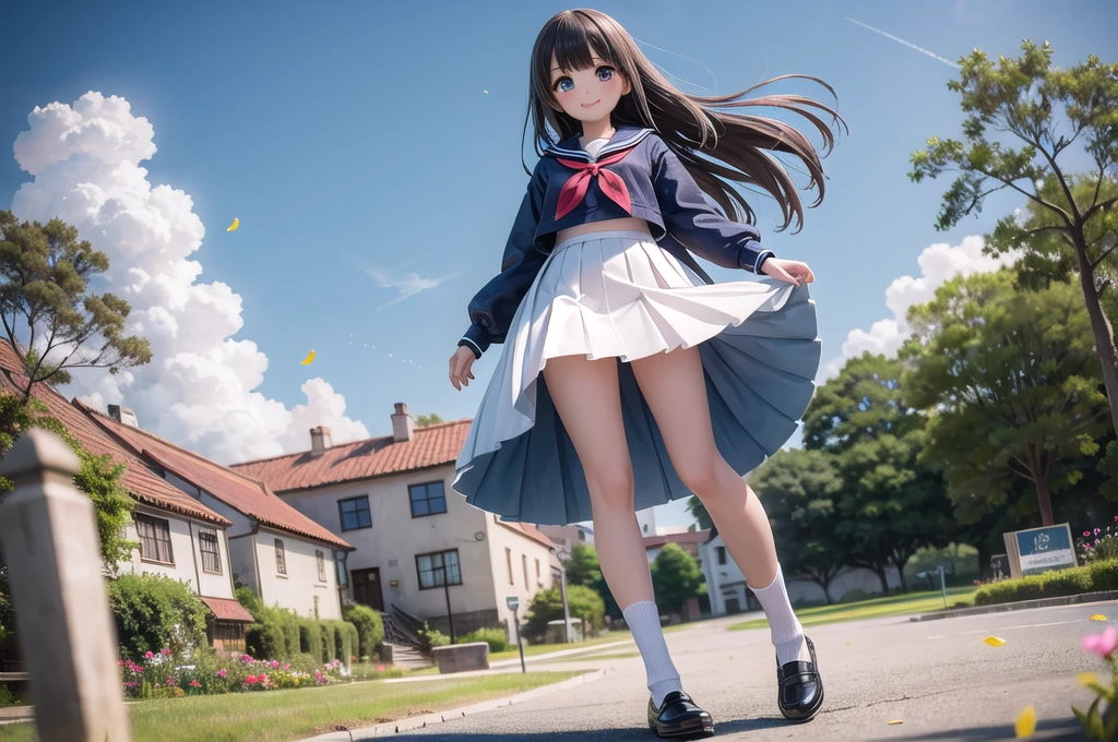 (masterpiece), town, blue sky, One Girl, smile, alone, Sailor suit、Long skirt, Overgrown, petal, plant、Skirt lining、Translucent slip、Nostalgic、Strong winds、Skirt fluttering in the wind