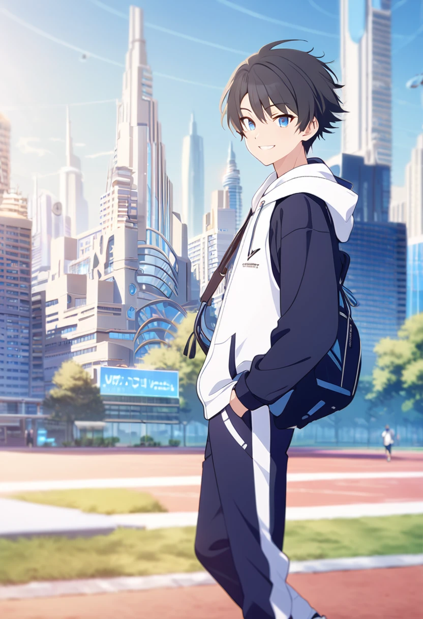 masterpiece,best quality,depth of field,8K,looking at the viewer,running shoes,black hair,blue eyes,afternoon,man,hands in pockets,smiling,alone,Handsome,(charismatic eyes 1:1),wseifuku,Black jacket over white hoodie,hooded,Future city,man,With a sports bag slung over your shoulder,Gym suit