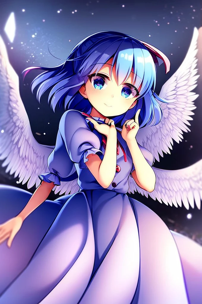 masterpiece, best quality, 1girl, , , 10 years old, medium blue hair, hair flaps, pink ribbon on head, well-formed face, blue eyes, angel girl, white blouse, puffy short sleeves, red ribbon, angel wings, long white skirt, red shoes, frills, ribbon head