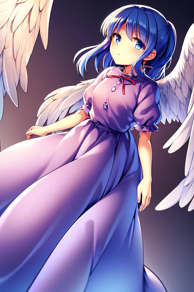 masterpiece, best quality, 1girl, , , 10 years old, medium blue hair, hair flaps, pink ribbon on head, well-formed face, blue eyes, angel girl, white blouse, puffy short sleeves, red ribbon, angel wings, long white skirt, red shoes, frills, ribbon head