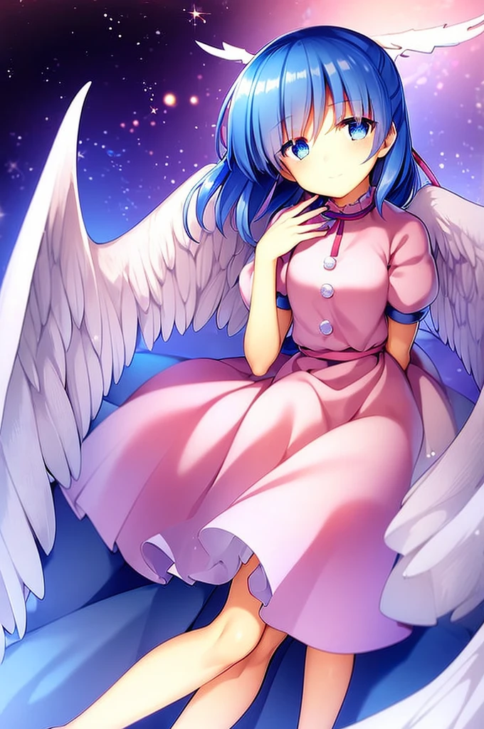 masterpiece, best quality, 1girl, , , , medium blue hair, hair flaps, pink ribbon on head, well-formed face, blue eyes, angel girl, white blouse, puffy short sleeves, red ribbon, angel wings, long white skirt, red shoes, frills, ribbon head