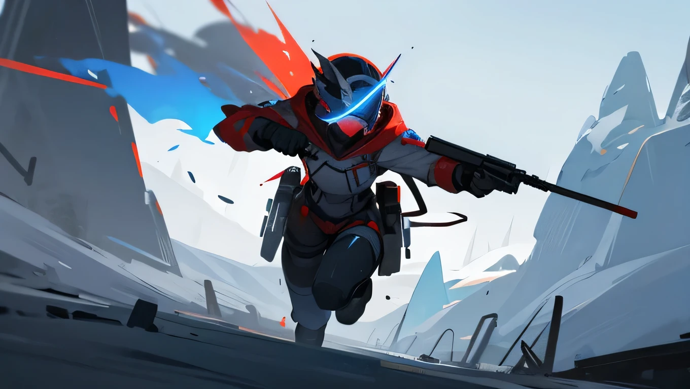 a FPS class/skill in which you have a plasma pistol and you become temporarily invisible, the girl operator wearing a hood in white and a white mask with a red arrow like visor, running and shooting blue plasma, the scene is happening in a snowy area with small ice mountains