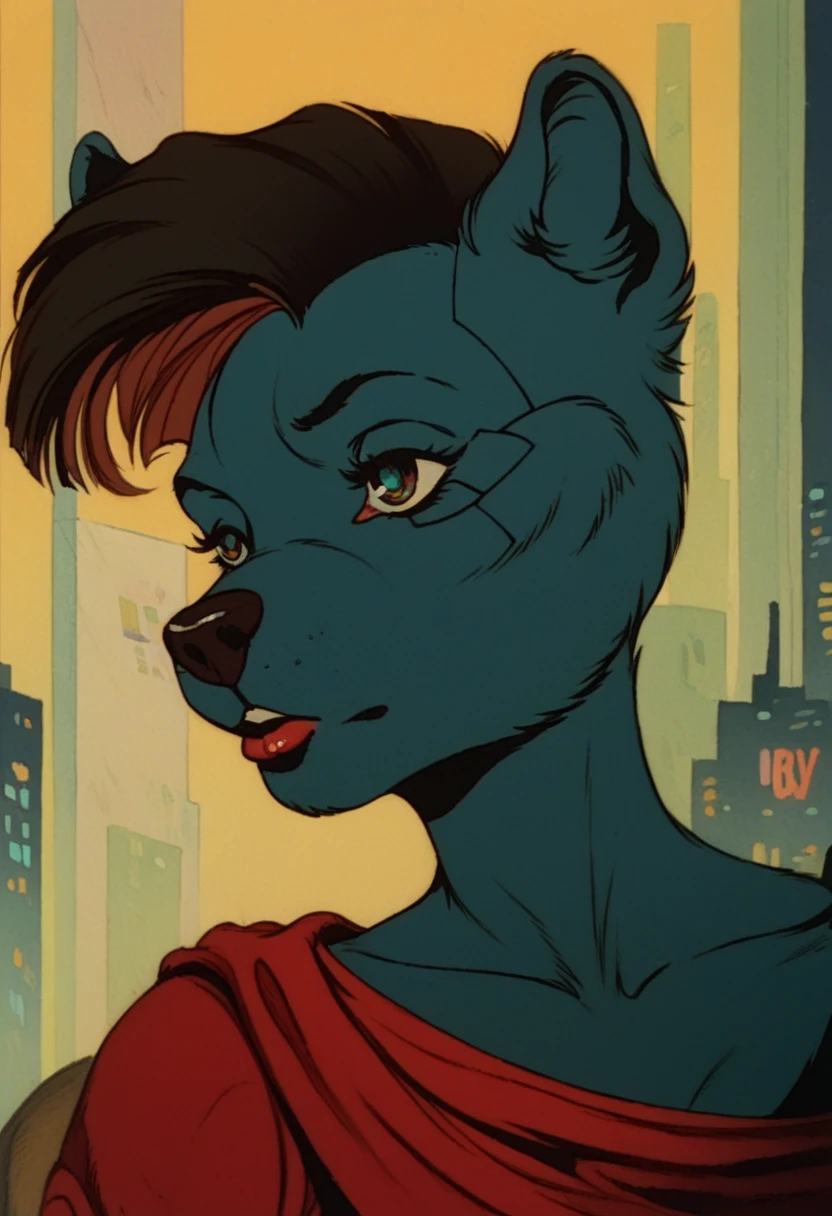 score_9, score_8_up, score_7_up, zPDXL, HMstyle, 1girl, solo, portrait, cyberpunk, retro artstyle, vintage, cyborg, undercut, city, neon, furry, anthro,