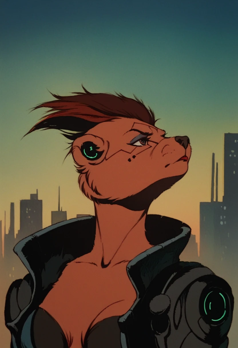 score_9, score_8_up, score_7_up, zPDXL, HMstyle, 1girl, solo, portrait, cyberpunk, retro artstyle, vintage, cyborg, undercut, city, neon, furry, anthro,