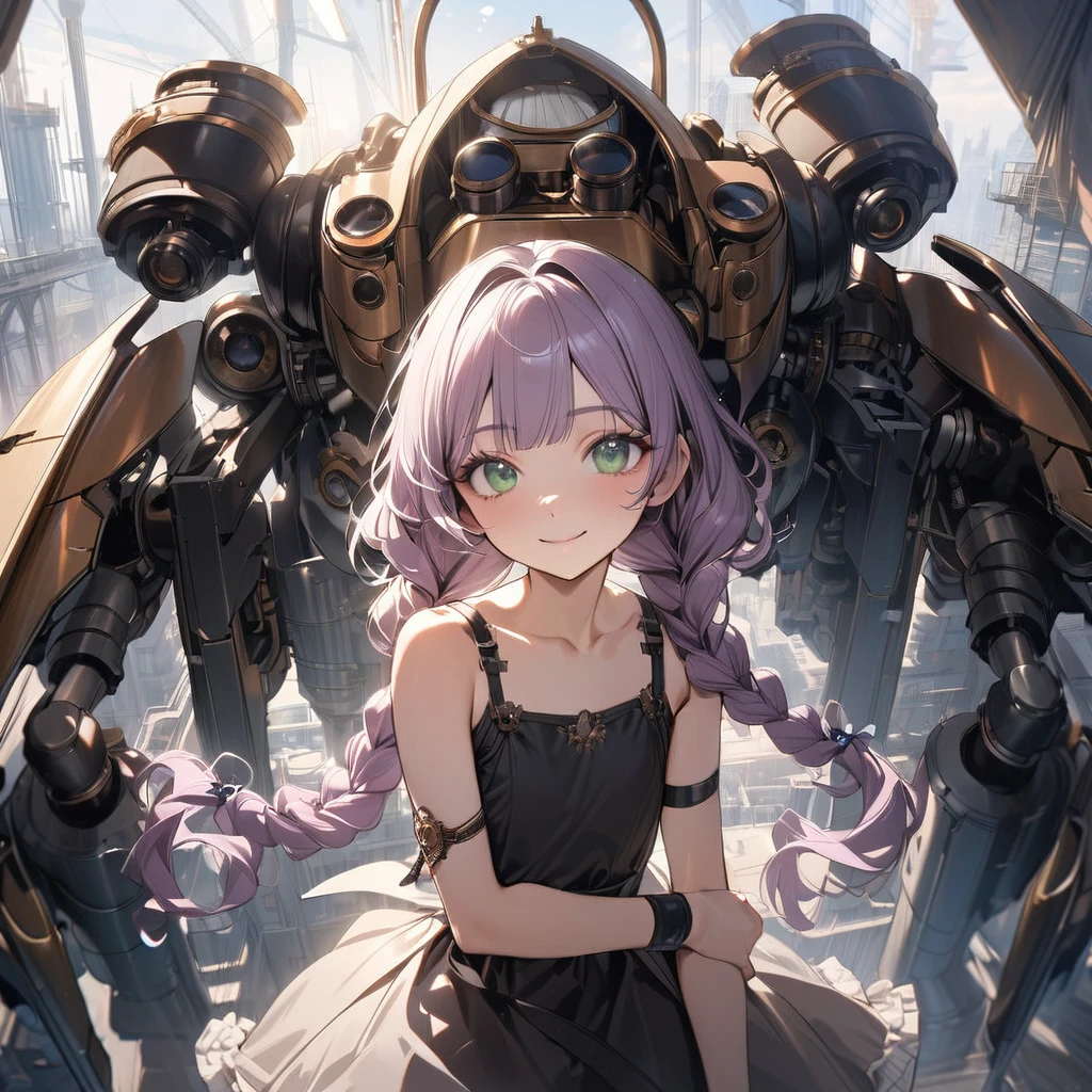(Cute a girl:1.5), (masterpiece:1.3), anime visual, (a gril with semi long twin braids wavy hair, pale purple blunt bangs hair, dark green eyes,smiling:1.3), (tilt head:1.3), extremely delicate face, realistic lighting and shading, (exceptional, best aesthetic, new, newest, best quality, extremely detailed, :1.2),8k, white theme, blue theme,
a girl is wearing A suit with mechanical wings, A black tank top,Steampunk goggles, wristbands,flat chest,big mecha wing,She is flying over the steampunk factory, light coming from behind her, look at viewer, morning lit,