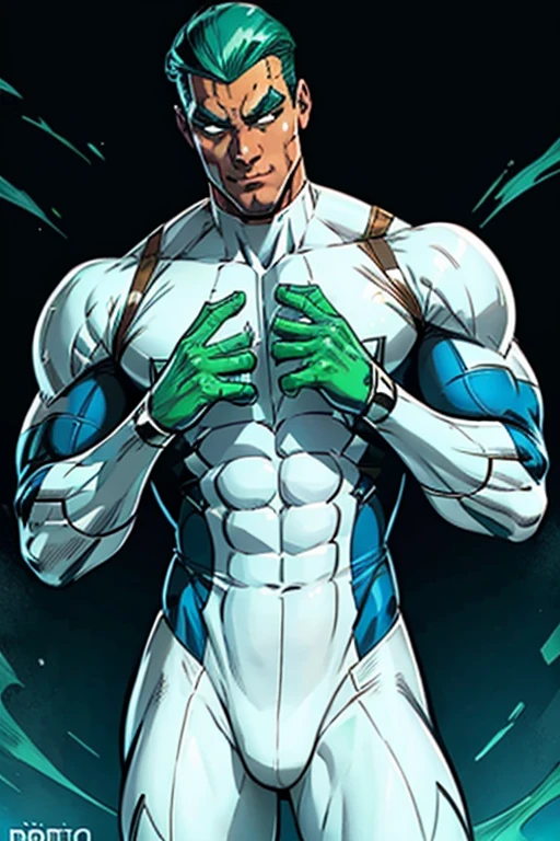 White Spiderman suit with  blue and green accents, NO RED, muscular, comic book style.