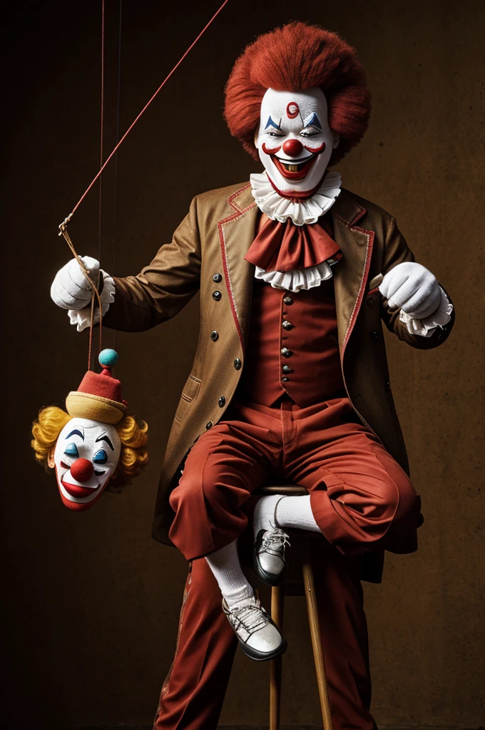 Male clown with a cusillo puppet manipulated by strings, signature JORGE CONDE