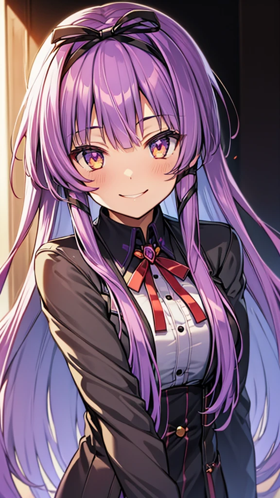 renne bright purple long hair black ribbon golden eyes red bow tie smiling top quality masterpiece