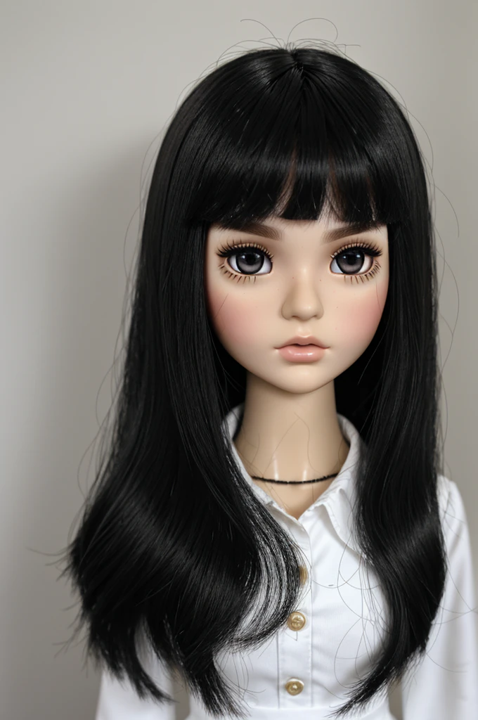 Single Blythdoll with full black eyes and black eyebrows, has eyeliner, the hair is color black and layered cut and has thin bangs, fair white skin color, wears black tube, close up look.