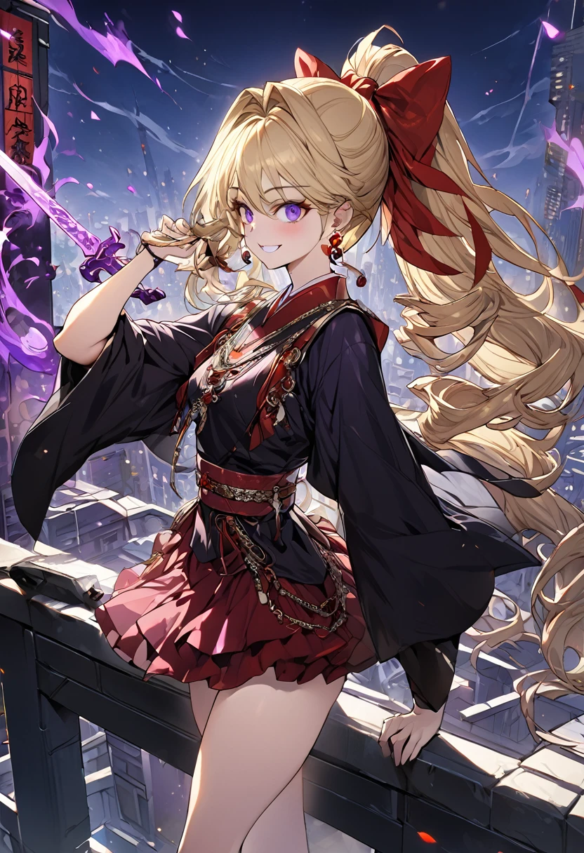 1girl, solo, standing on the roof of a skyscraper, dark persona, hand on own hip, pillars of purple fire, gripping sword in hand, masterpiece, best quality, ultra-detailed, illustration, beautiful detailed eyes, kusakabe maron, kaitou jeanne, long hair, smile, black cloth, purple eyes, boots, blonde hair, bow, ribbon, hair ribbon, ponytail, earrings, red ribbon, red bow, drill hair, high ponytail, purple obi, chains, yin yang, earring, pierces, beautiful art, high res, perfect face, detailed outfit,