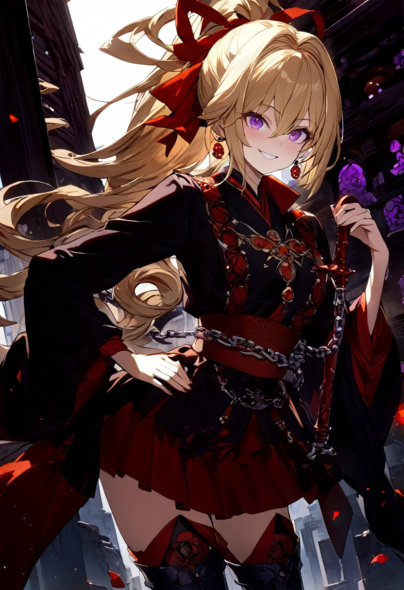 1girl, solo, standing on the roof of a skyscraper, dark persona, hand on own hip, pillars of purple fire, gripping sword in hand, masterpiece, best quality, ultra-detailed, illustration, beautiful detailed eyes, kusakabe maron, kaitou jeanne, long hair, smile, black cloth, purple eyes, boots, blonde hair, bow, ribbon, hair ribbon, ponytail, earrings, red ribbon, red bow, drill hair, high ponytail, purple obi, chains, yin yang, earring, pierces, beautiful art, high res, perfect face, detailed outfit,