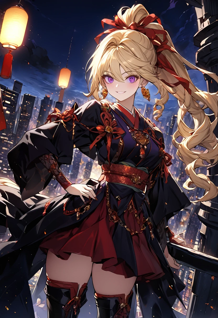 1girl, solo, standing on the roof of a skyscraper, dark persona, hand on own hip, pillars of purple fire, gripping sword in hand, masterpiece, best quality, ultra-detailed, illustration, beautiful detailed eyes, kusakabe maron, kaitou jeanne, long hair, smile, black cloth, purple eyes, boots, blonde hair, bow, ribbon, hair ribbon, ponytail, earrings, red ribbon, red bow, drill hair, high ponytail, purple obi, chains, yin yang, earring, pierces, beautiful art, high res, perfect face, detailed outfit,