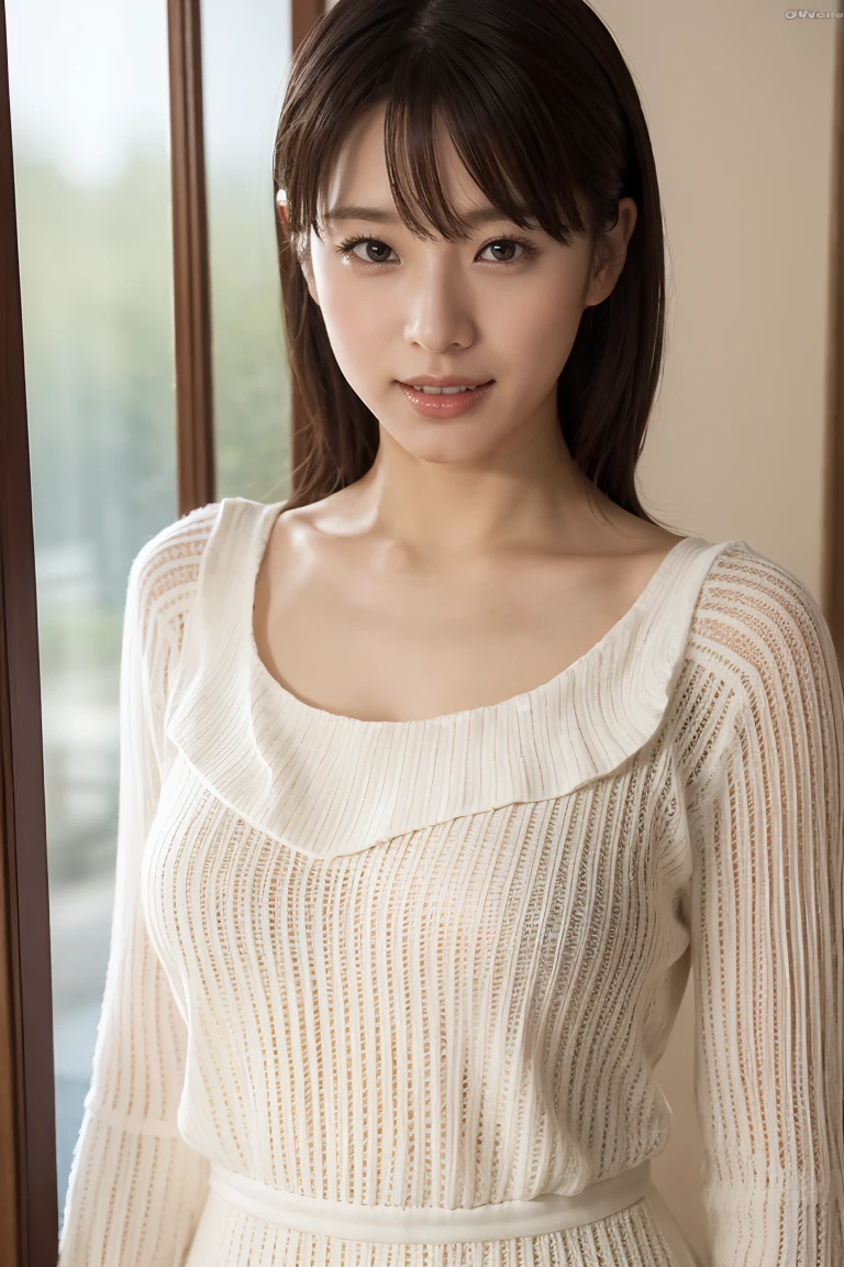 Medium Size Display, Medium Shot, Written boundary depth, Photograph the whole body, Movie angle,Action pose、masterpiece, Highest quality, Very detailed, CG, 8k wallpaper, Beautiful Face, Delicate eyes, Otome, alone, smile, cute、White knit dress