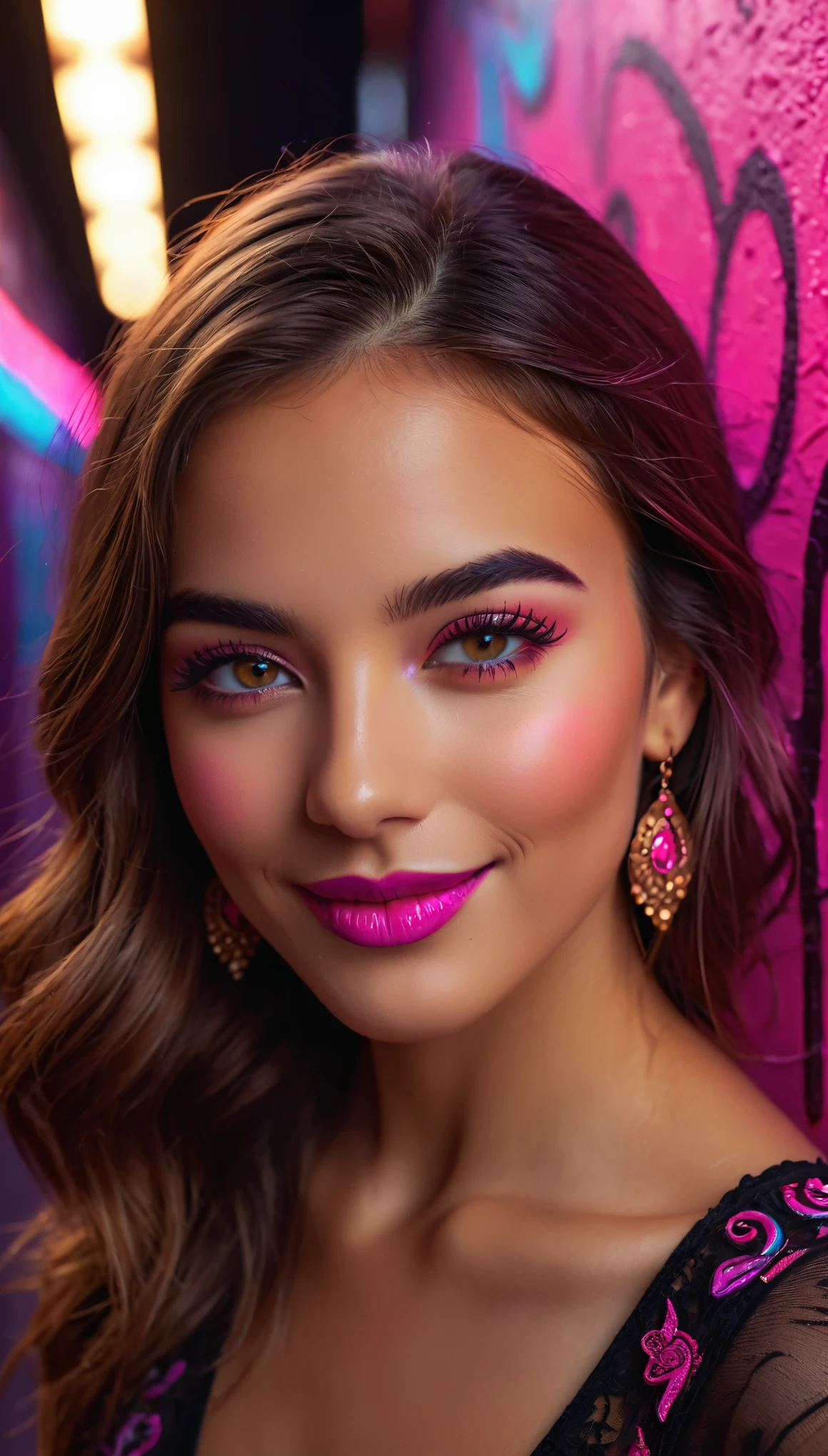 a detailed and ornate portrait of a young woman with a warm, radiant smile, set against a vibrant neon pink graffiti-covered backdrop in a dark night scene, with bright glowing eyes and a striking purple lighting effect, (best quality,4k,8k,highres,masterpiece:1.2),ultra-detailed,(realistic,photorealistic,photo-realistic:1.37),extremely detailed facial features,beautiful detailed eyes,beautiful detailed lips,extremely detailed eyes and face,longeyelashes,intricate ornate decorations,food items,studio lighting,vivid colors,professional,dark moody atmosphere, symmetrical face,