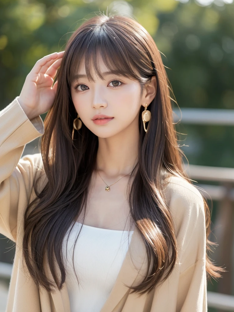 ((Highest quality, 8K, masterpiece:1.3)), concentrate: 1.2, Perfect body beauty: 1.4, Hips: 1.2, ((Long Hair, chest: 1.2)), (Dry clothes: 1.1) , (clear, Simple Background:1.3), Simple clothes: 1.1, Highly detailed face and skin texture,Delicate eyes, double eyelid, Whitened skin, Rough skin、Long Hair、Earrings with bangs、necklace、 solo、Beige coat、White shirt, (((Beautiful girl with cute Japan)))、 ((Beautiful Japanese girl 20 years old))、 ((Baby Face))、 (((Slender body)))、 Upper Body,Face focus、necklace,Simple Background,From above, Realistic Hair、 A photograph was taken:Canon EOS R6、135mm、1/1250 seconds、f2.8、ISO400、(Detailed explanation of the hand)、(Masseter muscle area)、(Exquisite CG)、Long Hair, loose and curly hair、Korean Hair、Long Hair明るいベージュ色、グラデーションハイライトグレージュのゆるふわLong Hairスタイル、