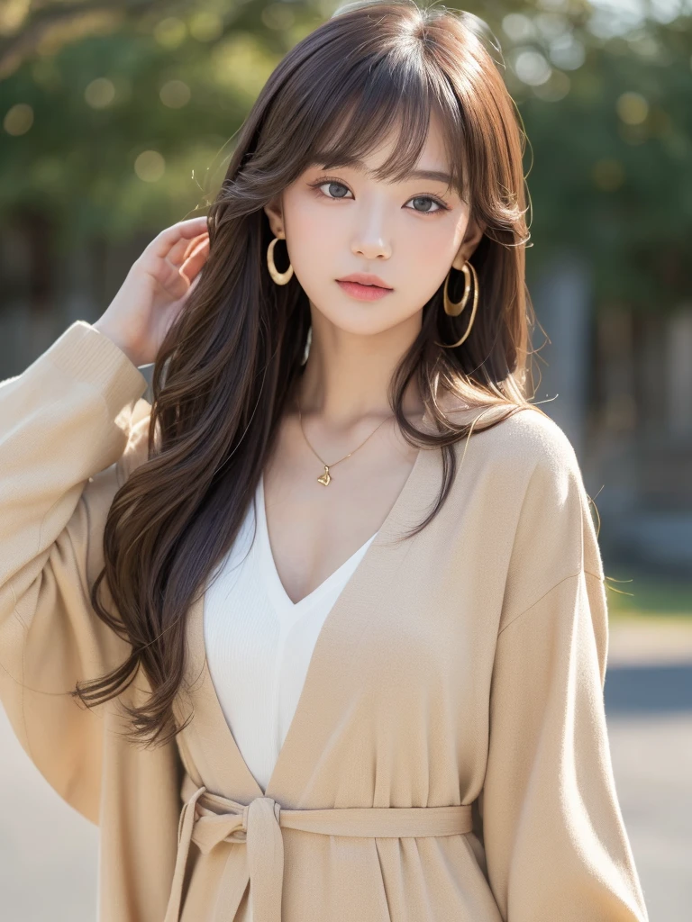  ((Highest quality, 8K, masterpiece:1.3)), concentrate: 1.2, Perfect body beauty: 1.4, Hips: 1.2, ((Long Hair, chest: 1.2)), (Dry clothes: 1.1) , (clear, Simple Background:1.3), Simple clothes: 1.1, Highly detailed face and skin texture,Delicate eyes, double eyelid, Whitened skin, Rough skin、Long Hair、Earrings with bangs、necklace、 solo、Beige coat、White shirt,  (((Beautiful girl with cute Japan)))、  ((Beautiful Japanese girl 20 years old))、 ((Baby Face))、 (((Slender body)))、  Upper Body，Face focus、necklace，Simple Background，From above， Realistic Hair、 A photograph was taken:Canon EOS R6、135mm、1/1250 seconds、f2.8、ISO400、(Detailed explanation of the hand)、(Masseter muscle area)、(Exquisite CG)、Long Hair, loose and curly hair、Korean Hair、Long Hair明るいベージュ色、グラデーションハイライトグレージュのゆるふわLong Hairスタイル、