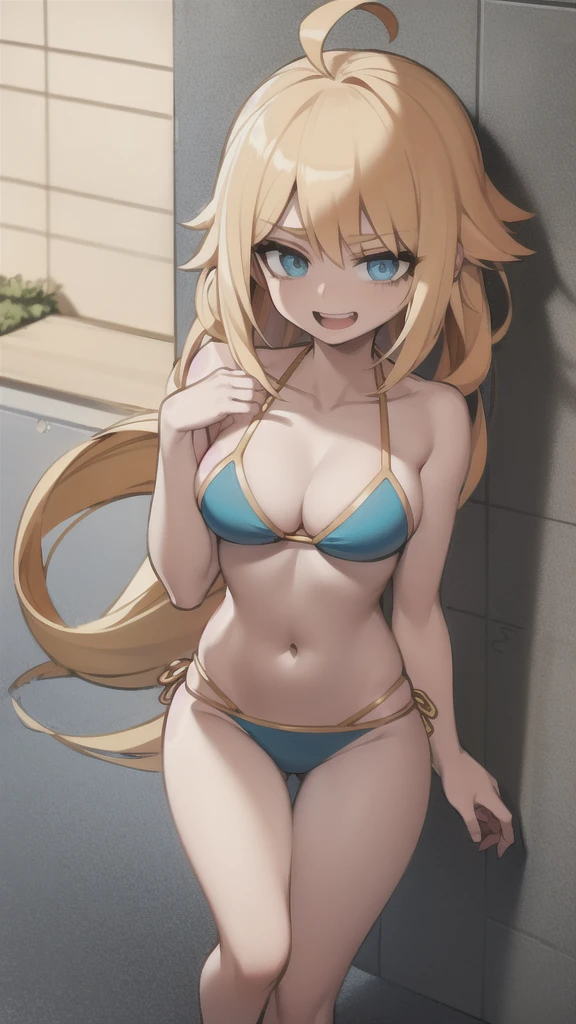 ((masterpiece, best quality)), (1girl), (solo), (female focus), (ahoge, gold hair, tail hair), blue eyes, light smile, open mouth, (small bikini),  standing, alley background, piece hand, dynamic angle, huge breast, big breast, shy, 