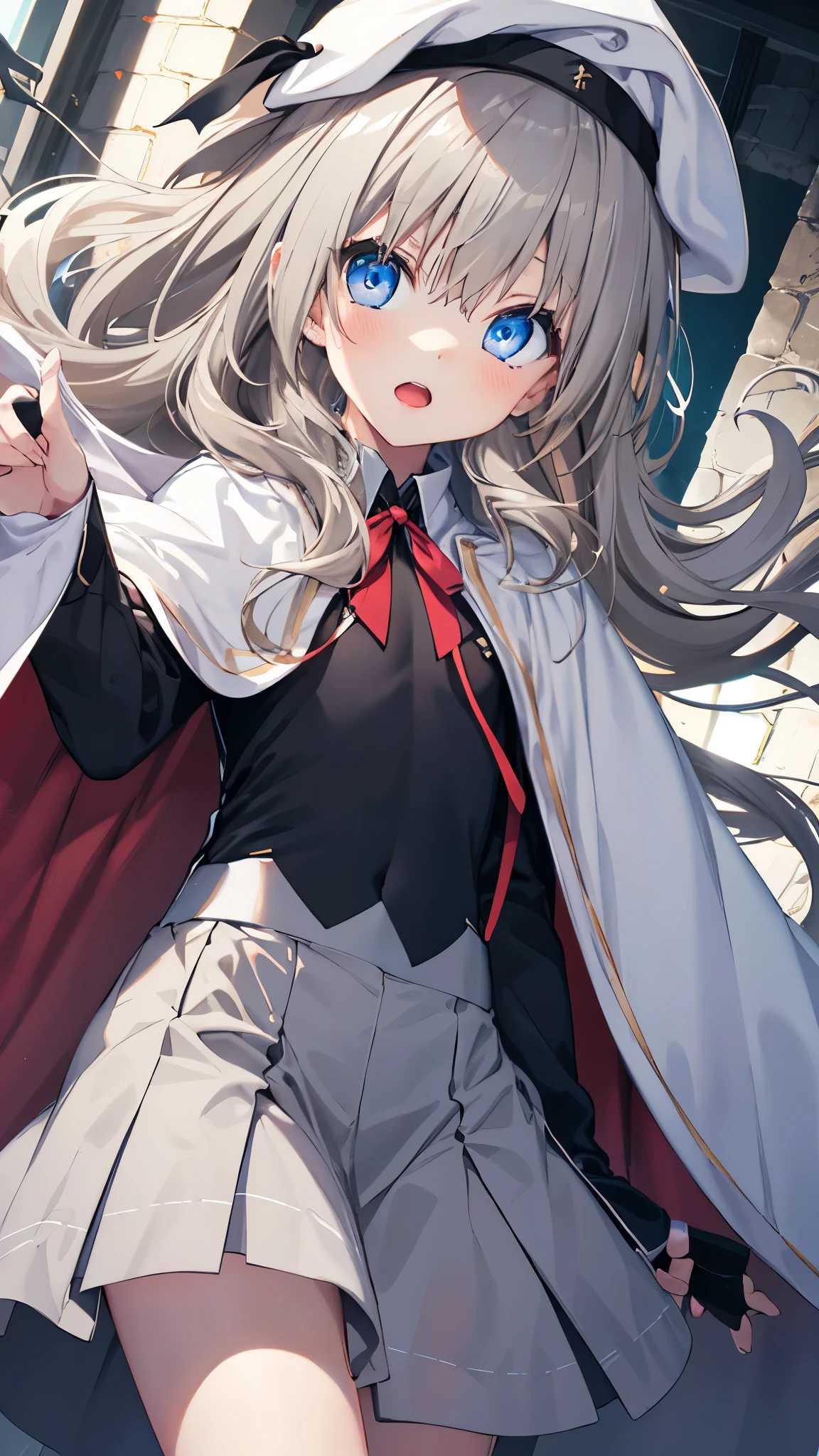 1girl,chibi,kud, kud hat,white beret, kud cape,gray skirt,black uniform,flat chest,skinny,amile,open mouth,masterpiece,Noise Reduction,perfect anatomy,high resolution, ultra-detailed,game cg,dutch angle ,beautiful detailed eyes,visualart,five fingers, perfect hands, perfect lighting,