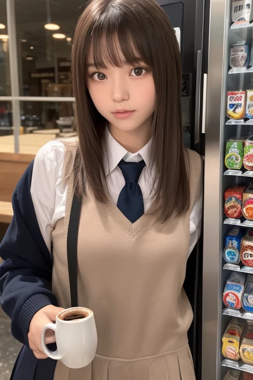 one girl, (a beauty girl, delicate girl:1.3), (:1.3),
break, (school uniform, Seraphim:1.3),
break, (vending machine:1.3), (Drink hot coffee:1.5), perfectly trimmed fingers,
break, Very fine grain definition, (Symmetrical eyes:1.3),
break, Small breasts, Brown eyes, Parted bangs, Brown Hair, girl,
break, (Eye and facial details:1.0), (Face close-up, Zoom in on face, Face Focus:1.0),
break, (masterpiece, Highest quality, Super detailed, Detailed face, 8K)