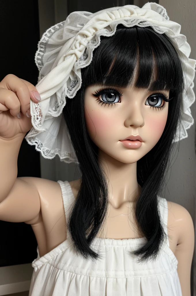 Single Blythdoll with full black eyes and black eyebrows, has eyeliner, the hair is color black and layered cut and has thin bangs, fair white skin color, wears black tube, close up look.