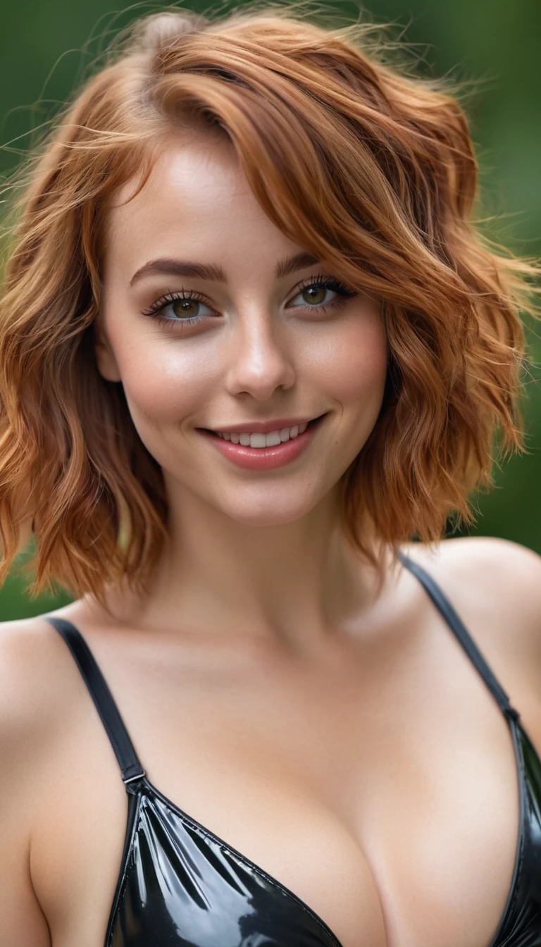 ultrarealistic high quality full body photo of a beautiful busty slim european 25-year-old woman with cute hyperdetailed shy face and natural redhead long messy bob hair and shy smile , realistic round hazel eyes, natural lips, dark eye makeup with eyeliner, wearing latex swimsuit, hourglass body, outdoor photography, tanned