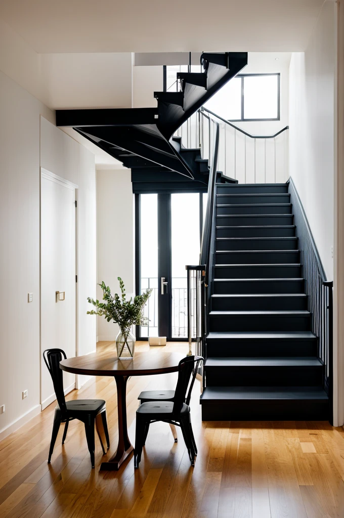 Design a table for fashion designer below a staircase in a studio apartment