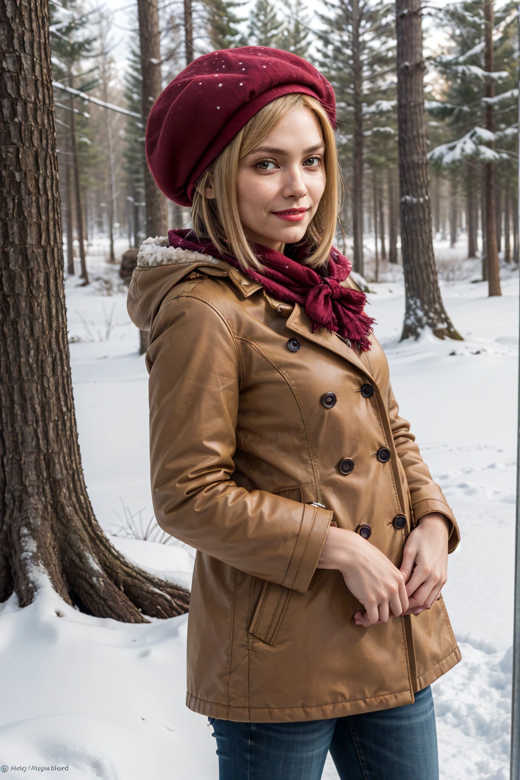 masterpiece, best quality, highres, aalamb, short hair, hair bow, red bow, beret, pink headwear, red eyes, winter clothes, scarf, snow, coat, upper body, smirk, forest